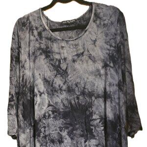 KIM & CAMI WOMENS TOP PLUS SIZE 3X TIE DYED/SPLAT BLUES 3/4 SLEEVE